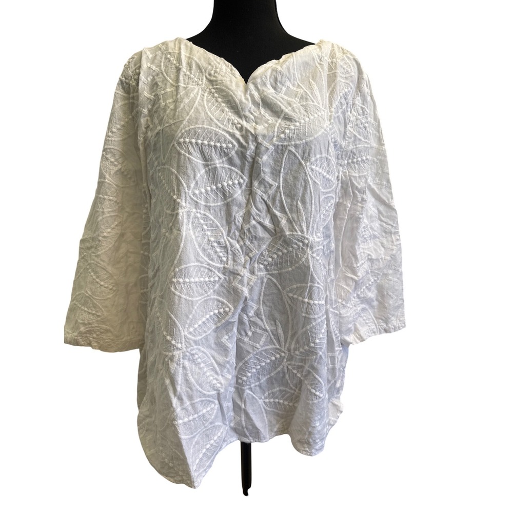 Peck & Peck Womens XL White Cotton Embroidered Leaf Tunic Notched V-Neck Blouse